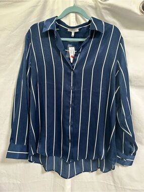 Maurices Navy and White Silk Striped Button-Up Shirt